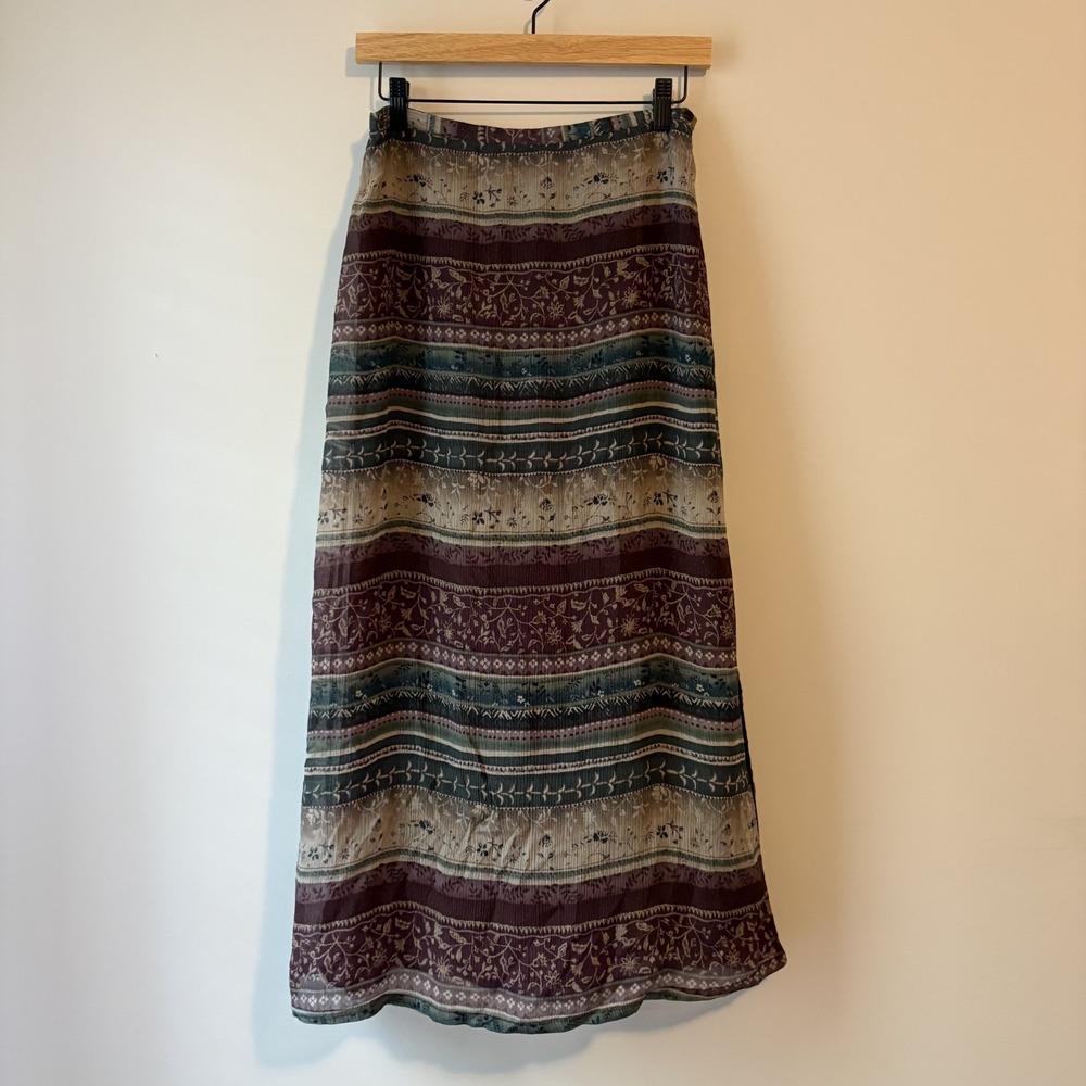 VTG 100% Silk Floral Striped Maxi Skirt 8 Petite Whimsy Forest Fairy Grunge Y2K
